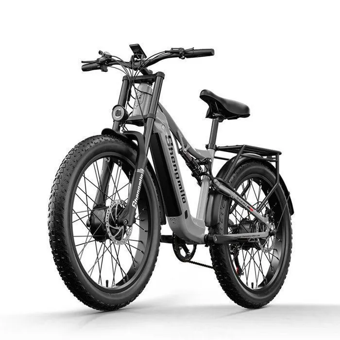 Bicicleta elétrica para adultos - Shengmilo S600 - Motor duplo de 2000 W - Aro 26" Fat Bike - Bateria de 48 V 17,5 Ah - Suspensão total - Cinza